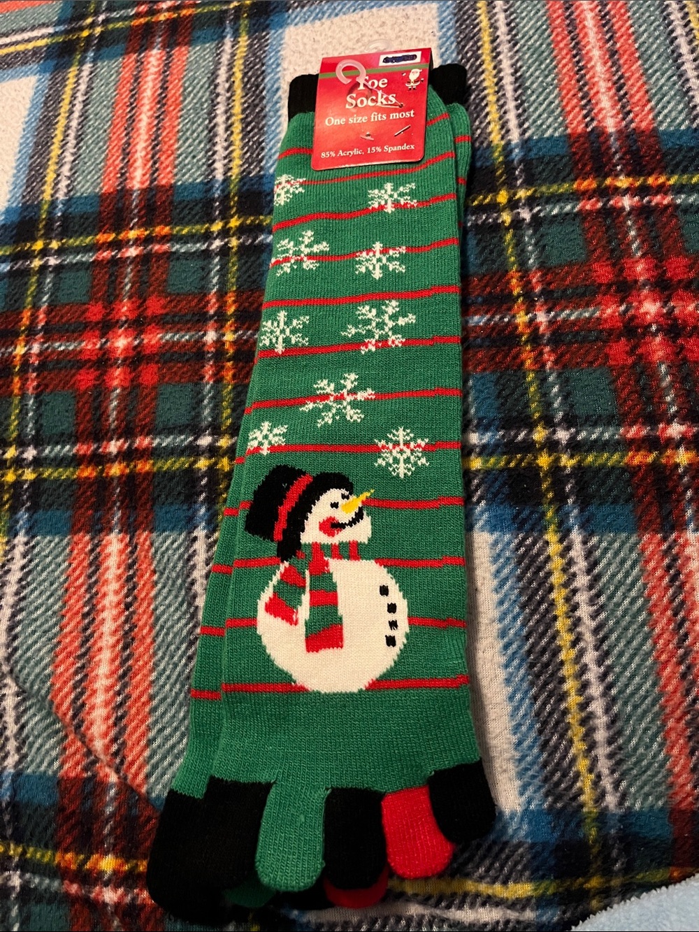 Green Snowman Toe Socks with Red Accents